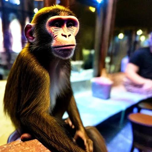 Image similar to Monkey happily smoking on a shisha pipe at a shisha bar, iPhone photo