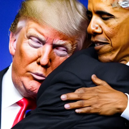 Prompt: donald trump hugging barack obama tenderly