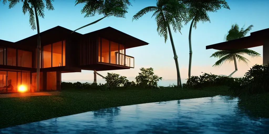 Prompt: a modern bamboo house, tropical modernism, a view of the beach, sunset, photorealism, beautiful, cinematic dramatic atmosphere, volumetric cinematic perfect light, detailed octane render trending on artstation, 8 k, by chris hytha and jag studio