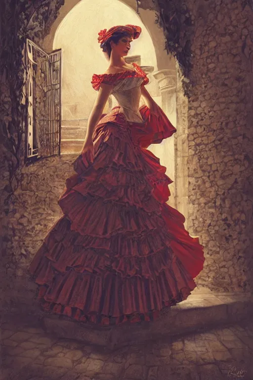 Prompt: rosalia vila i tobella, the singer rosalia, highly detailed, spanish princess, flamenco dancer, highly detailed, digital painting, night scene, 1 8 th century barcelona courtyard, trending on artstation, concept art, sharp focus, illustration, art by artgerm and greg rutkowski and magali villeneuve