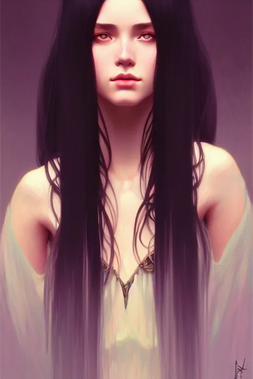 Image similar to a beautiful girl with long black hair, fantasy, portrait, sharp focus, intricate, elegant, digital painting, artstation, matte, highly detailed, concept art, illustration, ambient lighting, art by ilya kuvshinov, artgerm, Alphonse mucha, and Greg Rutkowski