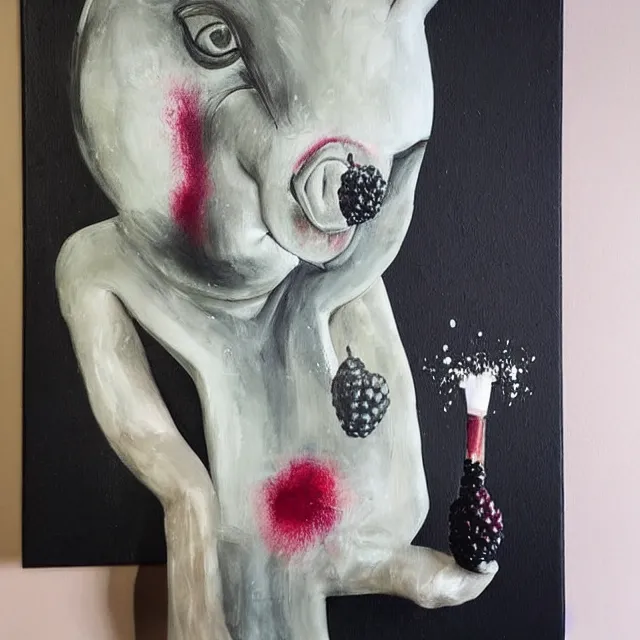 Image similar to “ a portrait in a female art student ’ s apartment, sensual, a pig sculpture work in progress, art supplies, paint tubes, ikebana, herbs, a candle dripping white wax, black walls, squashed berries, berry juice drips, acrylic and spray paint and oilstick on canvas, surrealism, neoexpressionism ”