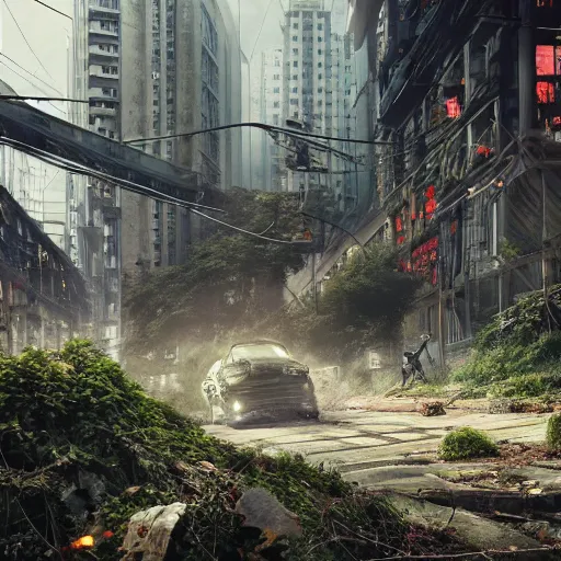 Image similar to beautiful nature reclaiming a dystopian city, cyberpunk, sharp focus, dynamic lights, still, photograph, hyper realistic, masterpiece, octane render, rendered, 3 d, cinematic, cinematic lighting, dramatic lighting, highly detailed, intricate details, texture, cinematic composition, by donglu yu and kevin jick and eddie del rio