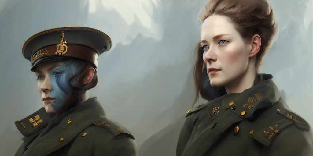 Image similar to a beautiful nordic woman, blue eyes, wearing a world war 1 uniform, extremely detailed digital painting, in the style of fenghua zhong and ruan jia and jeremy lipking and peter mohrbacher, mystical colors, rim light, beautiful lighting, 8 k, stunning scene, raytracing, octane, trending on artstation