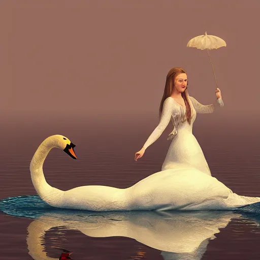 Image similar to a princess riding a giant swan in the lake, trending on artstation