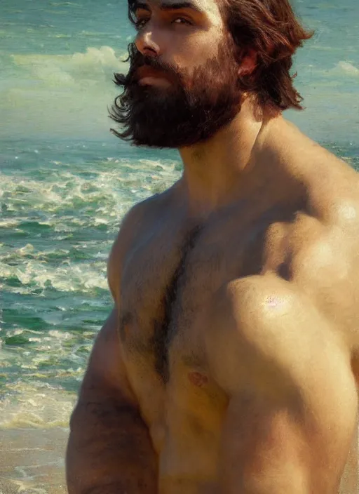 Image similar to detailed cinematic wide shot of muscular attractive young spanish man beard slim face symettrical face clean skin green eyes white hair wearing sea clothes, ultra realistic, spring light, painting by gaston bussiere, craig mullins, j. c. leyendecker