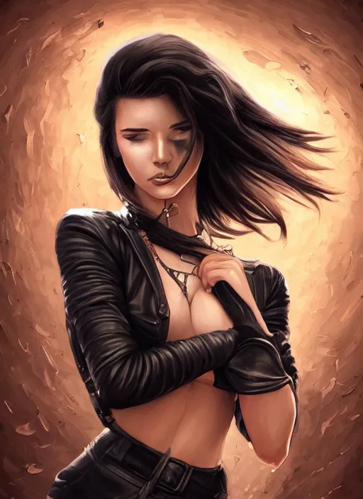 Image similar to a black haired woman in a leather jacket, muscular upper body, abs, d & d, fantasy, intricate, elegant, highly detailed, digital painting, artstation, concept art, smooth, sharp focus, illustration, art by cyril rolando