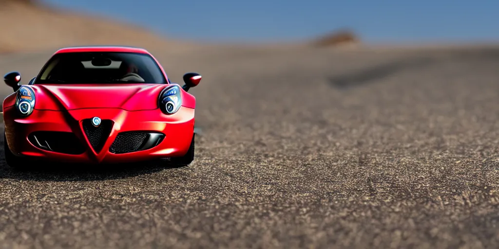 Image similar to Hot Wheels, 2015 Alfa Romeo 4C, cinematic, PCH, california coast, 8k, depth of field, bokeh.