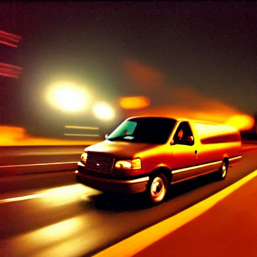 Image similar to A photograph of a 1999 Maroon Chevrolet Express driving on highway 411 in Perth, Ontario at night at 22:20, photograph taken in 2009 on a nokia flip phone