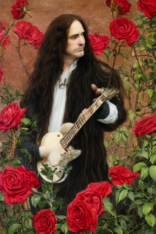 Image similar to pre-raphaelite Ozzy Osbournel with dark hair and roses in the background, blurred detail, phototaken with Nikon D750