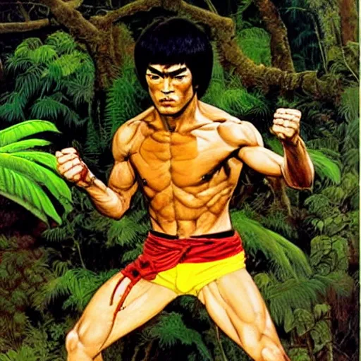 Prompt: color portrait of bruce lee in the jungle by frank frazetta, great likeness ! asthetic ! detail !