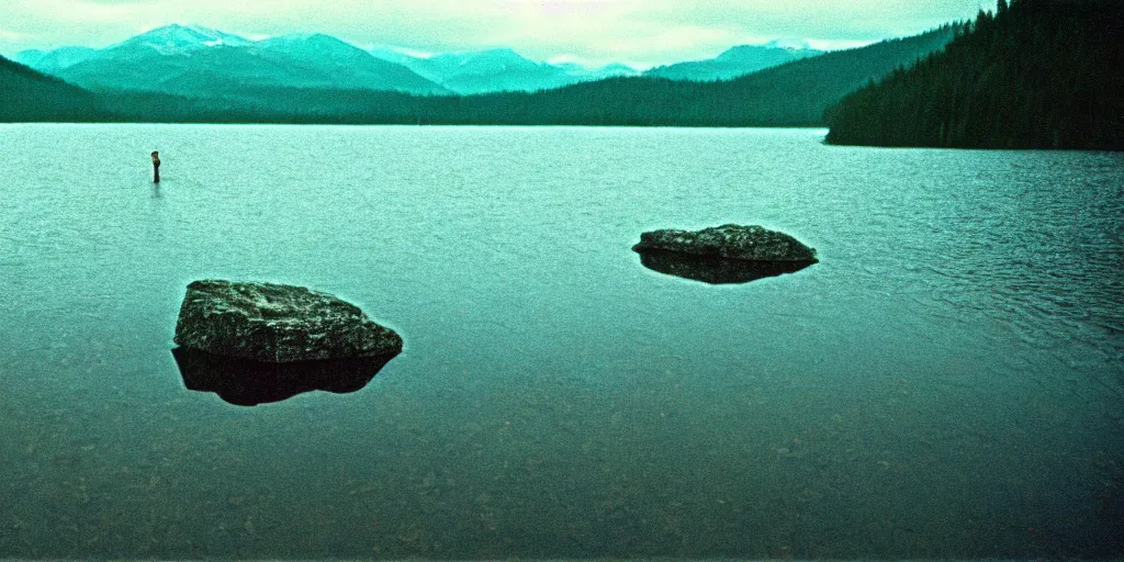 Image similar to rope in the water, in the middle of a rocky lake, eerie vibe, leica, 2 4 mm lens, cinematic screenshot from the 2 0 0 1 film directed by charlie kaufman, kodak color film stock, f / 2 2, 2 4 mm wide angle anamorphic