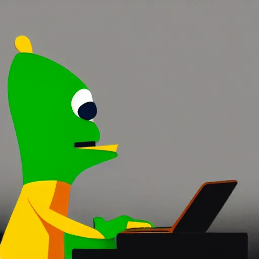 Prompt: anthropomorphic corn man typing on his laptop in a dark room