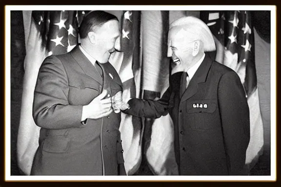 Image similar to “ very very intricate photorealistic photo of hitler and joe biden laughing together, detailed natural lighting, award - winning crisp details ”