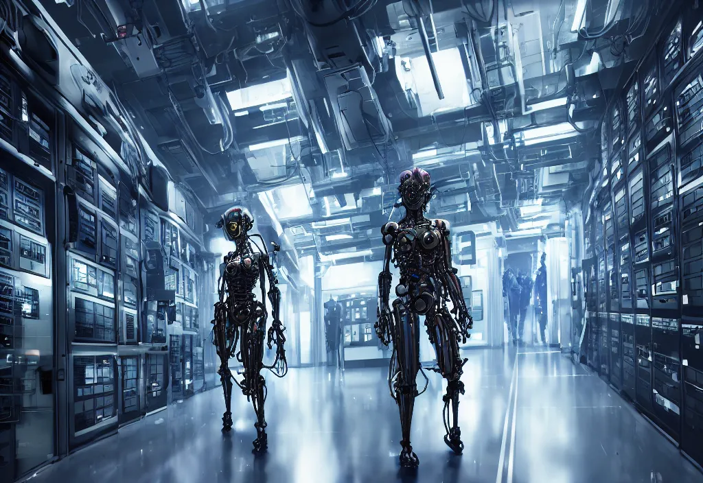 Image similar to shot of film by cyberpunk syle biomechanical cyborg walking in server room in datacenter, character design, very detailed cinematic, anime, by yoichi hatakenaka, by masamune shirow, digital art, octane render, beautiful composition, trending on artstation, award - winning photograph, masterpiece