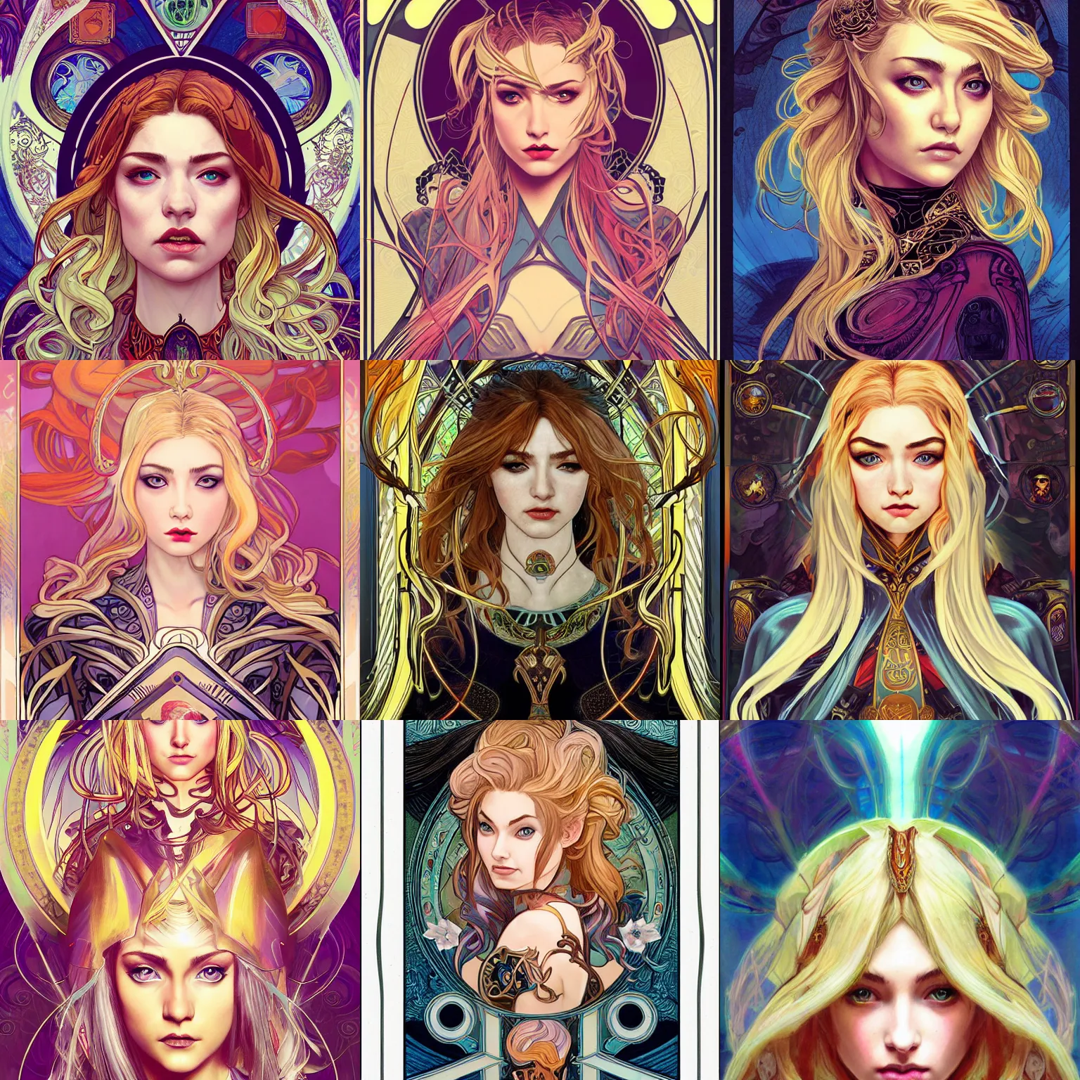 Prompt: masterpiece head-on symmetrical centered painted portrait, Imogen Poots as Elden Ring paladin, blonde hair, elegant, in the style of Mohrbacher and ROSSDRAWS and Ross Tran and Alphonse Mucha and Ayami Kojima, Pixar, Maya engine, splash comics, tarot card style, Art Nouveau, rich bright colours