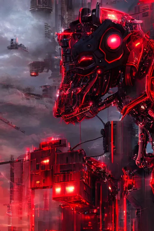 Prompt: giant imposing complex machine merged with evil cybernetic goat head at helm, cyberpunk, red hues