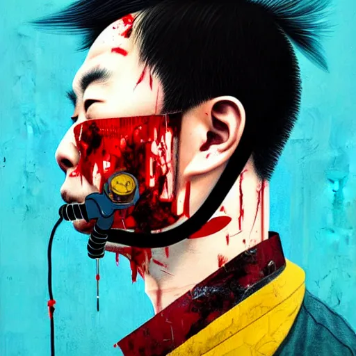 Image similar to portrait of a chinese man :: side profile :: oxygen mask :: blood and ocean intricate details :: 8k :: by vikings and Sandra Chevrier