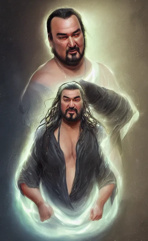 Image similar to fat steven seagal with wild hair and bright eyes. he's wearing a flowing bathrobe made of light, airy fabric and he has a mischievous look on his face, dynamic lighting, photorealistic fantasy concept art, trending on art station, stunning visuals, creative, cinematic, ultra detailed