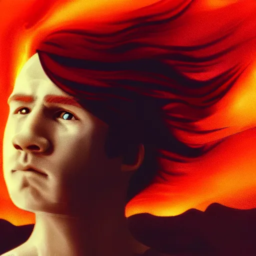 Image similar to a comic - like red haired boy with red eyes and surrounded by fire and a red sky