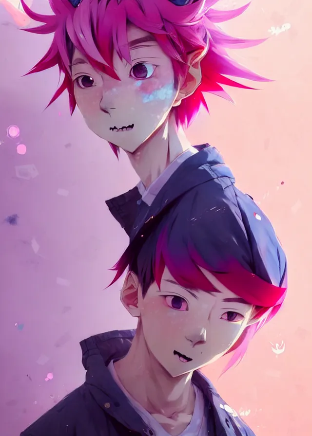 Prompt: portrait of a cute male anime boy with pink hair and pink wolf ears and freckles stylish clothes in a city | | highly detailed digital art painting by cory loftis, fenghua zhong, ryohei hase, ismail inceoglu and ruan jia. artstation, pinterest, volumetric lighting, subsurface scattering, photorealistic, octane render, random artists