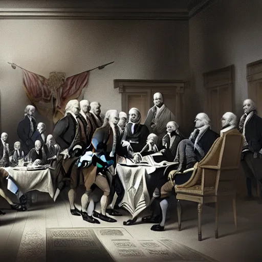 Prompt: zoo animals signing the declaration of independence, dramatic lighting, cinematic, establishing shot, extremely high detail, photo realistic, cinematic lighting, post processed, concept art, artstation, matte painting,