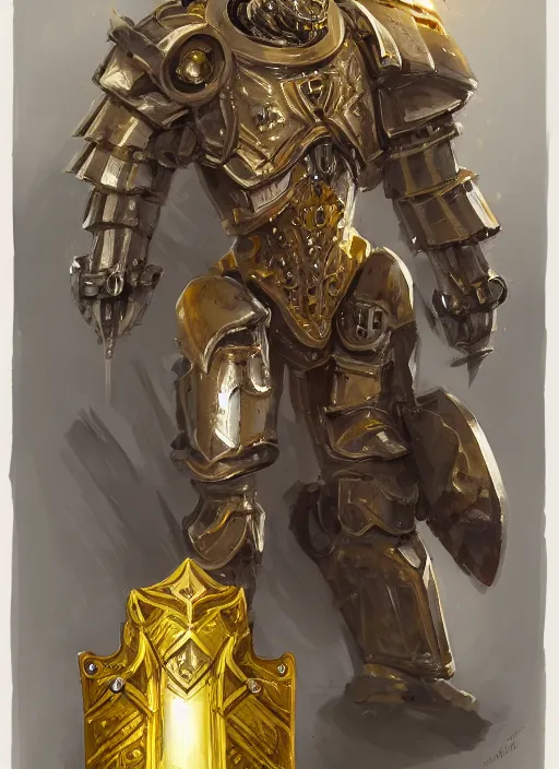 Image similar to dynamic portrait of a intricate mechanical warforged character in yellow armor holding a paladin engraved great longsword and carrying a big shield, epic , trending on ArtStation, cinematic lighting, by Jesper Ejsing