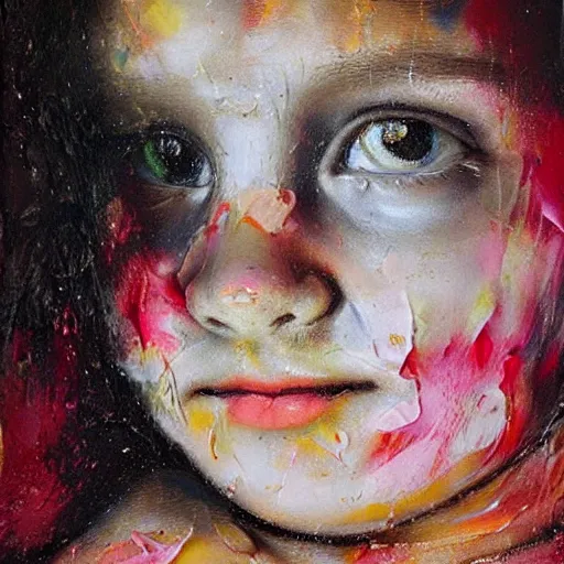 Prompt: Close up of a young girl’s face, Innocence , Paper-Marbling, impasto palette knife painting, Hydrodipped, Oil Paint, Dripping Paint, by Bocklin