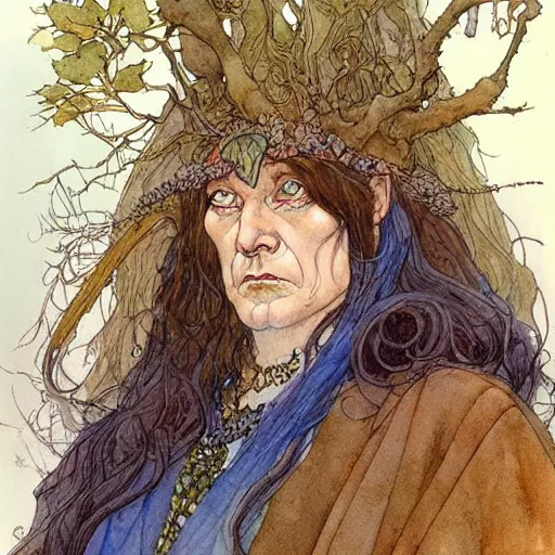 Image similar to a beautiful and very detailed character concept watercolour portrait painting by alan lee, rebecca guay, michael kaluta, charles vess and jean moebius giraud of a sanna marin, the prime minister of finland as a druidic wizard