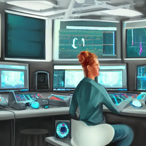 Image similar to a female scientist sitting in the control room,watching the graphics on the panel,oil painting,digital art,trending on artstation