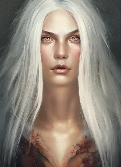 Image similar to girl with unkempt gold and silver hair, beautiful highly detailed face, complementary lighting, backlit, eyeshadow, divine, beautiful painting by artgerm and greg rutkowski and raymond swanland