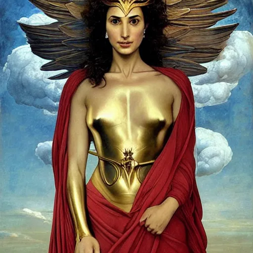 Image similar to Full body oil painting of the beautiful goddess Gal Gadot as Atenea, she is wearing roman clothes and a surreal jewelry, her hair is natural disheveled, she is approaching heaven over the clouds, naturalism, dramatic lighting, high-detailed oil painting by Ilya Repin, Michelangelo da Caravaggio, William Blake, Alex Grey and Beksinski, trending on Artsation, hystorical painting, naturalism, masterpiece, 4k, 8k,