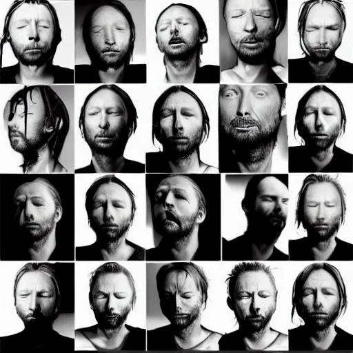 Prompt: versions collage of variations, hyper realistic, many variations of thom yorke, face variations, various emotions, various poses, high quality, brush stroke, intricate details, beautiful lighting