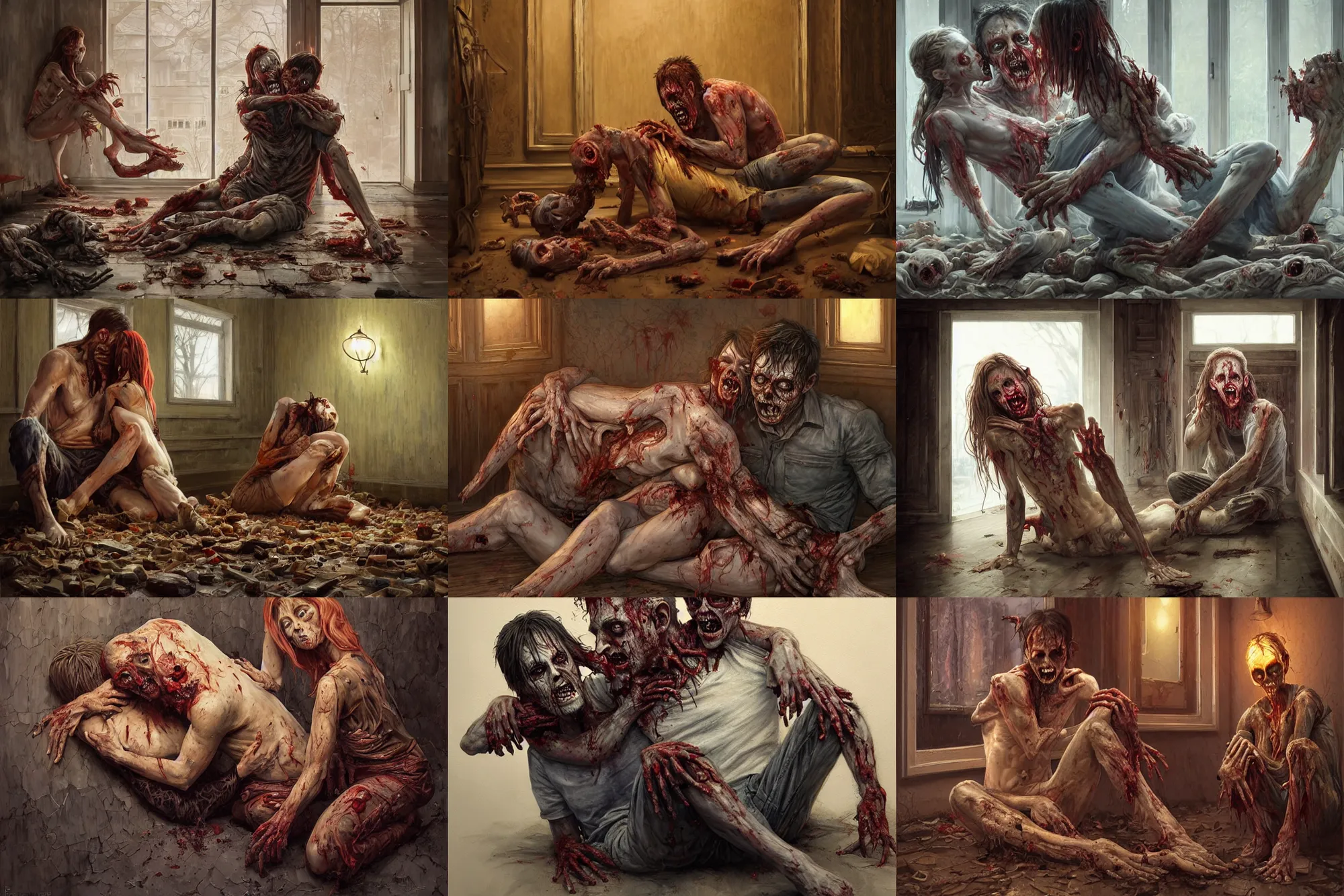 Prompt: zombie man sitting on the floor while devouring a woman, hugging each other in living room of a modern kentucky house, | highly detailed | very intricate | symmetrical | cinematic lighting | award - winning | painted by donato giancola and mandy jurgens and rossdraws and rhads | featured on artstation