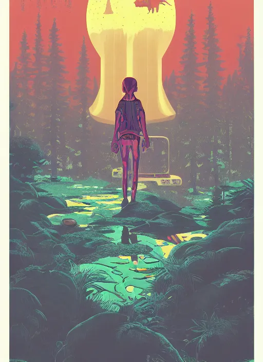 Image similar to an indie game poster of a translucent cyberpunk explorer transcending reality in the middle of a dense forest, midnight, risograph by ghostshrimp, kawase hasui, josan gonzalez, jean giraud, moebius, colourful flat surreal design, in the style of oxenfree, super detailed, a lot of tiny details