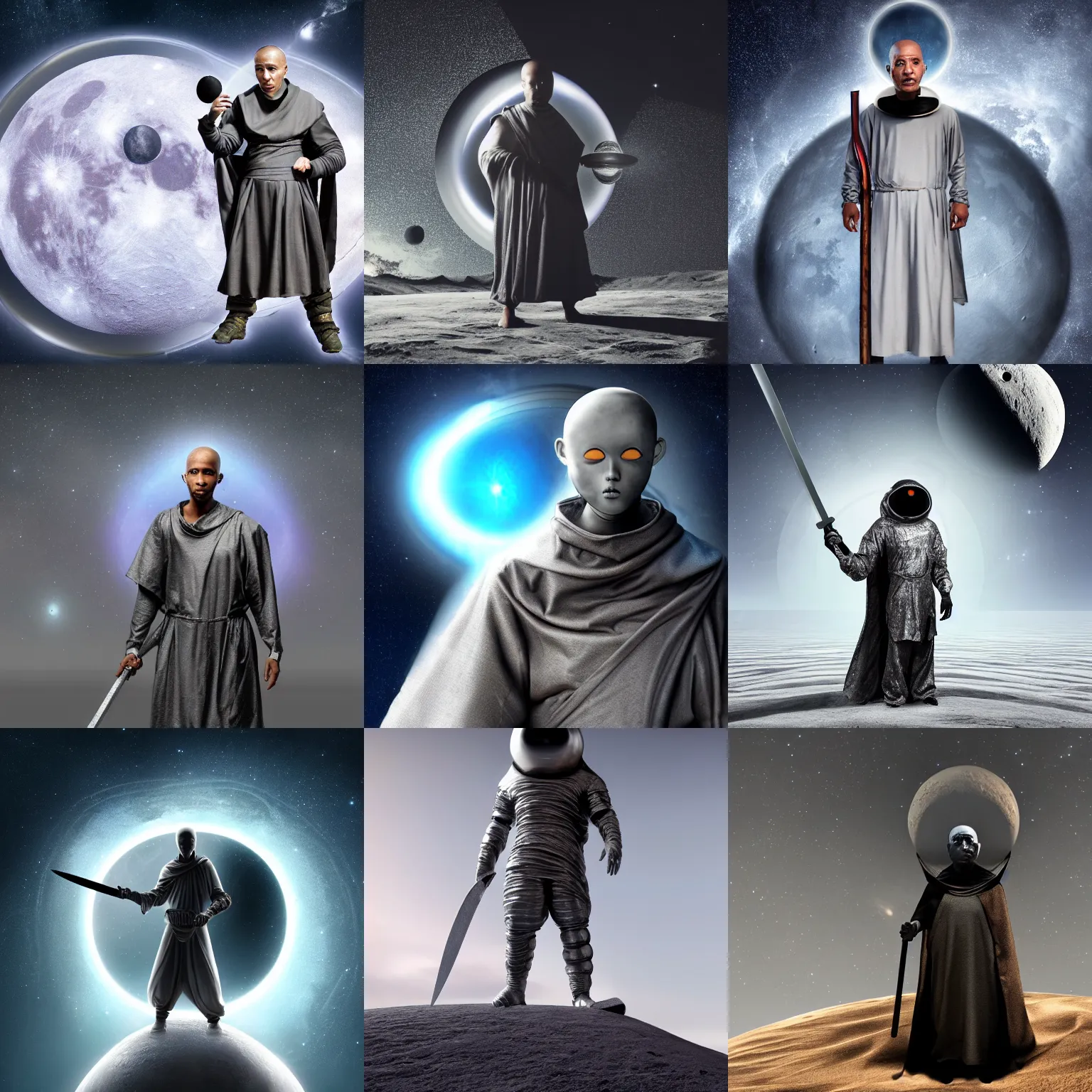 Prompt: futuristic monk in grey metallic cloth with a black hole instead of head holding a gigantic rusty sword, standing on the moon, his head is a black-hole surrounded by glowing matter, 8K resolution, very aesthetic, moon surface background