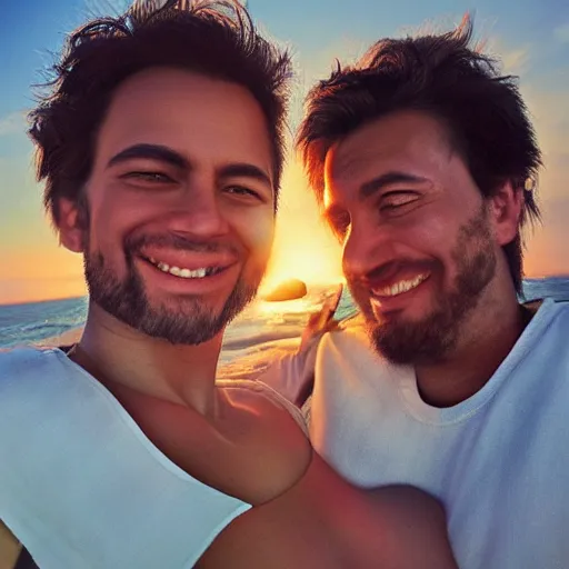 Image similar to beautiful serene intricate portrait of you and me taking a selfie, smiling softly, relaxing on the beach, golden hour, soft focus, 8 k, art by irakli nadar, hyperrealism, hyperdetailed, ultra realistic