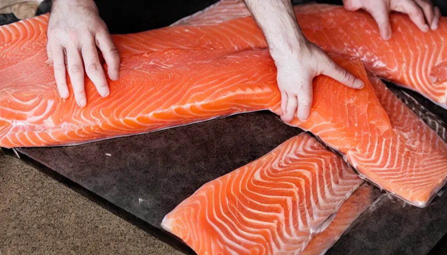 Image similar to person cuddling a flank of salmon being cut, person asleep in a salmon-meat bed and salmon body pillows