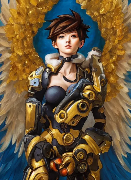 Image similar to full body oil painting of tracer overwatch in the style of sophie anderson, angel wings, angelic golden armor, dramatic painting, symmetrical composition, ornate, high detail, gold detailed collar, blooming, lights, flowers, detailed face,