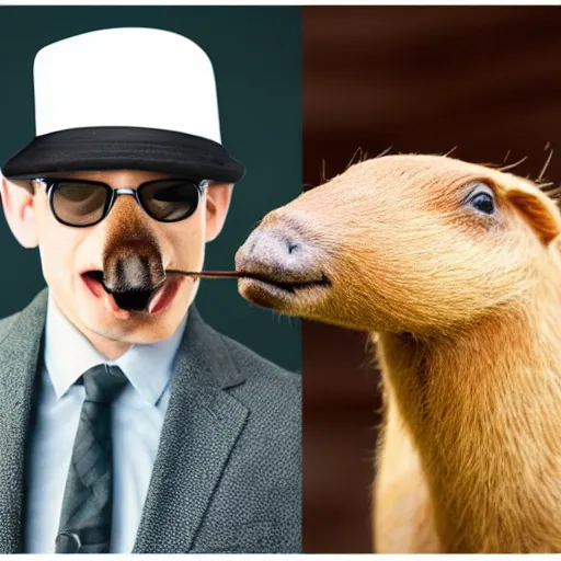 Image similar to smoking cigar, a man wearing a suit capybara head wearing a hat (smoking cigar)