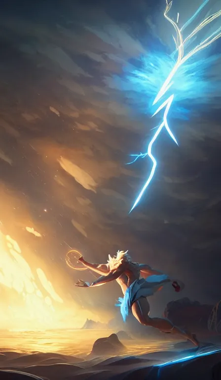 Prompt: the god zeus, lightning, action, epic, sharp focus, digital art, concept art, dynamic lighting, character design by anna dittman, and rossdraws, environment design by jessica rossier