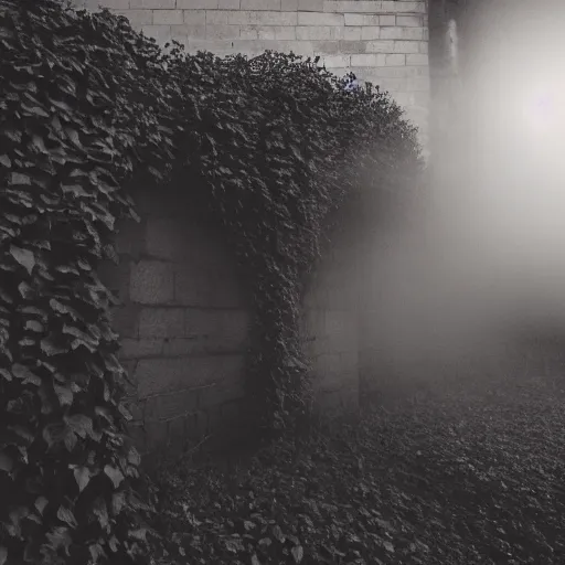 Image similar to lean man made of swirling smoke and tendrils of fog leans against a brick wall covered in ivy, twilight colors, cinematic