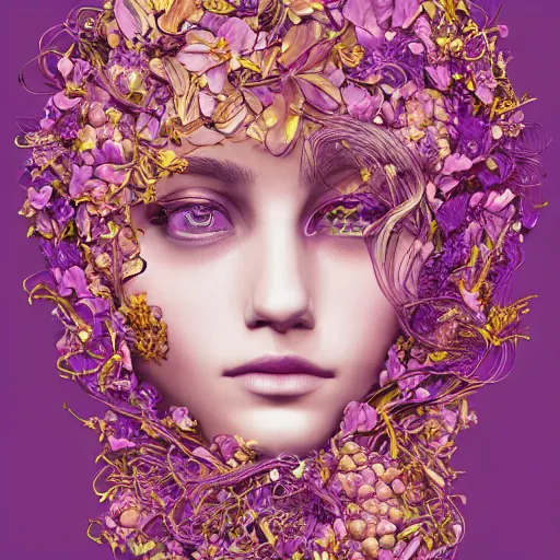 Image similar to the head of an unbelievably elegant and beautiful woman partially made of potatoes and violets, an ultrafine detailed illustration by james jean, final fantasy, intricate linework, bright colors, behance contest winner, vanitas, angular, altermodern, unreal engine 5 highly rendered, global illumination, radiant light, detailed and intricate environment
