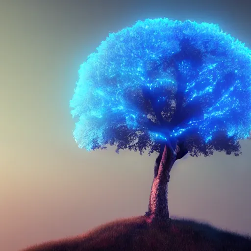 Image similar to tree on top of a hill, light network of blue electrodes in the tree, dawn, cyberpunk, trending on artstation, 8K