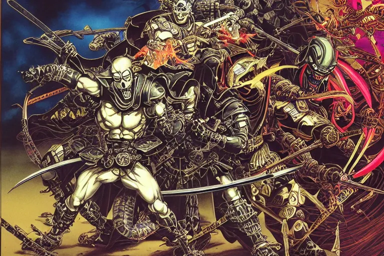 Image similar to portrait of two crazy skeletor samurais battle each other, with japanese armor and helmet, by yoichi hatakenaka, masamune shirow, josan gonzales and dan mumford, ayami kojima, takato yamamoto, barclay shaw, karol bak, yukito kishiro