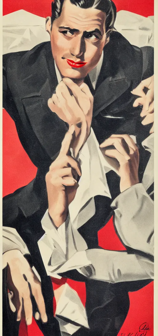 Prompt: portrait of a glamorous man with upset gesture, 1940s propaganda poster, full hd,highly detailed