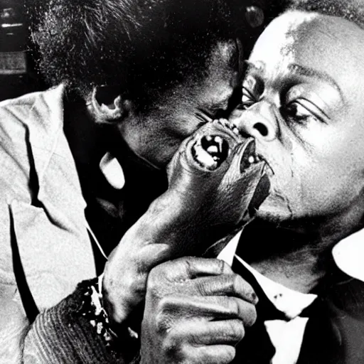 Prompt: miles davis passionately kissing a a gremlin