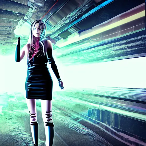 Image similar to portrait of techno cyberpunk girl in fron of abstract background photorealistic