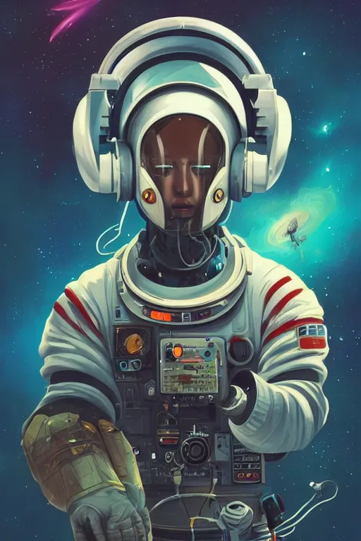 Prompt: a poster design of a close portrait faceless cyberpunk astronaut wearing headphones in space, universe, cyberpunk, warm color, Highly detailed labeled, poster, peter mohrbacher, featured on Artstation