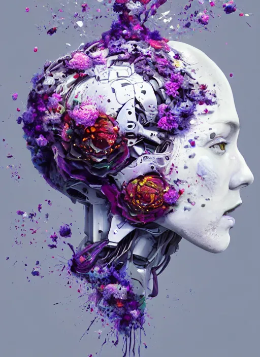 Image similar to a painting by artgerm of a 3 d white robot head with flowers growing out, highly detailed, color bleeding, pixel sorting, plain purple background, studio lighting, high contrast, bold composition, abstract paint color splotches